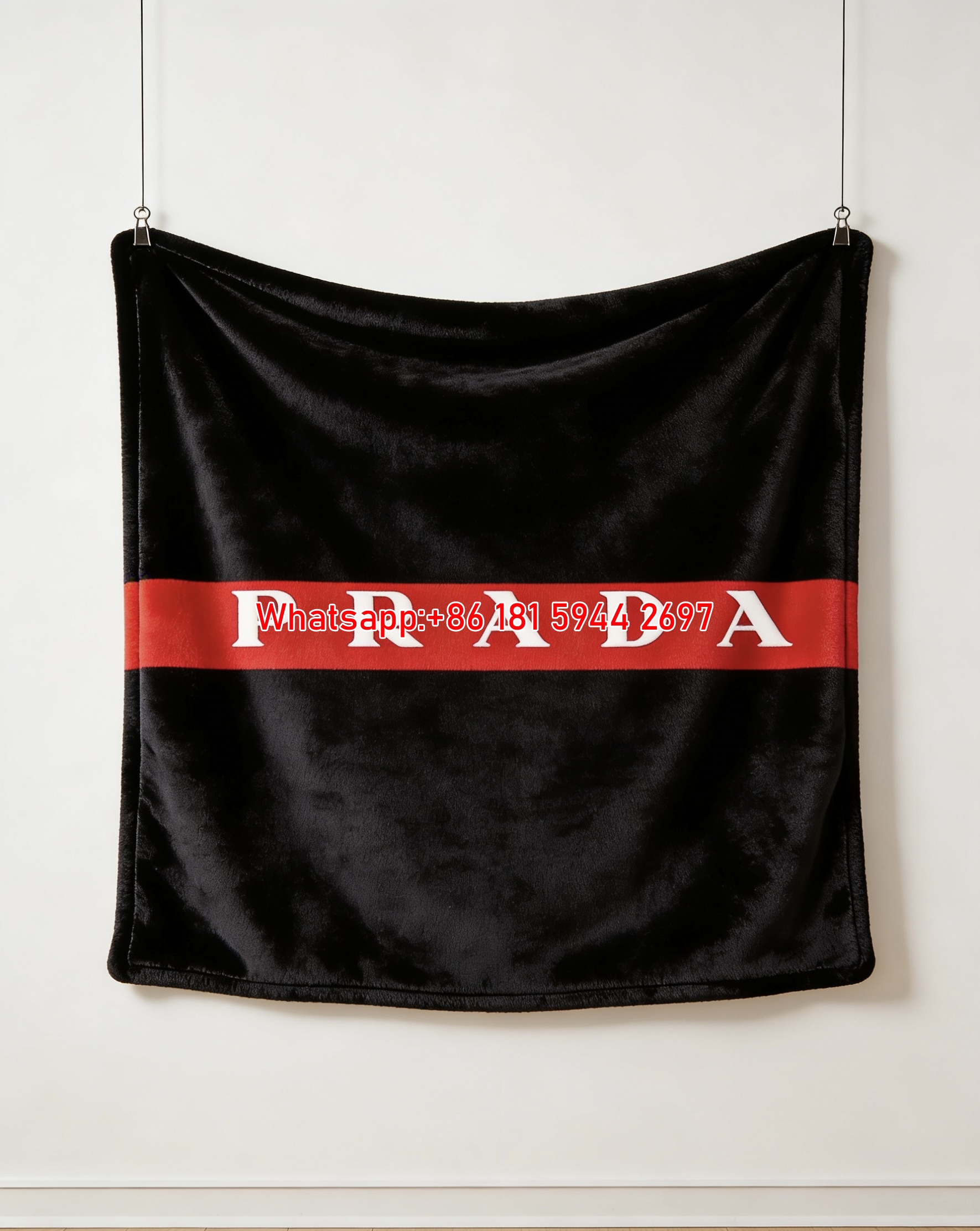 Prada Red Bar Logo Black Red Flannel Throw Blanket Luxury Designer Printed Sofa Cover Blanket IMG_2655